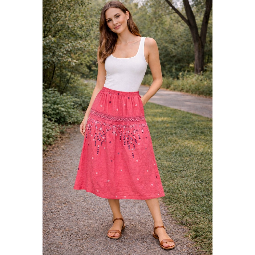 Abercrombie & Fitch Midi Skirt Womens XS Coral Embroidered Boho Peasant Cottage
